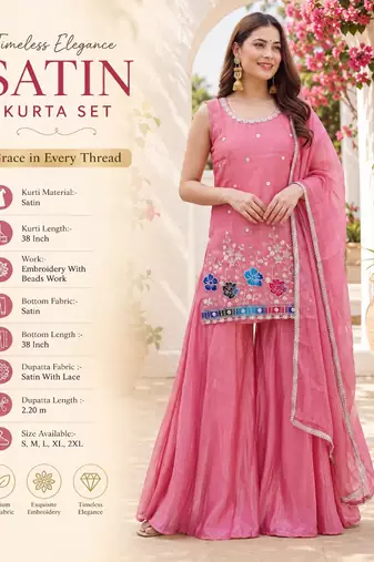 Light pink satin embroidered straight kurti set for women with sharara and dupatta