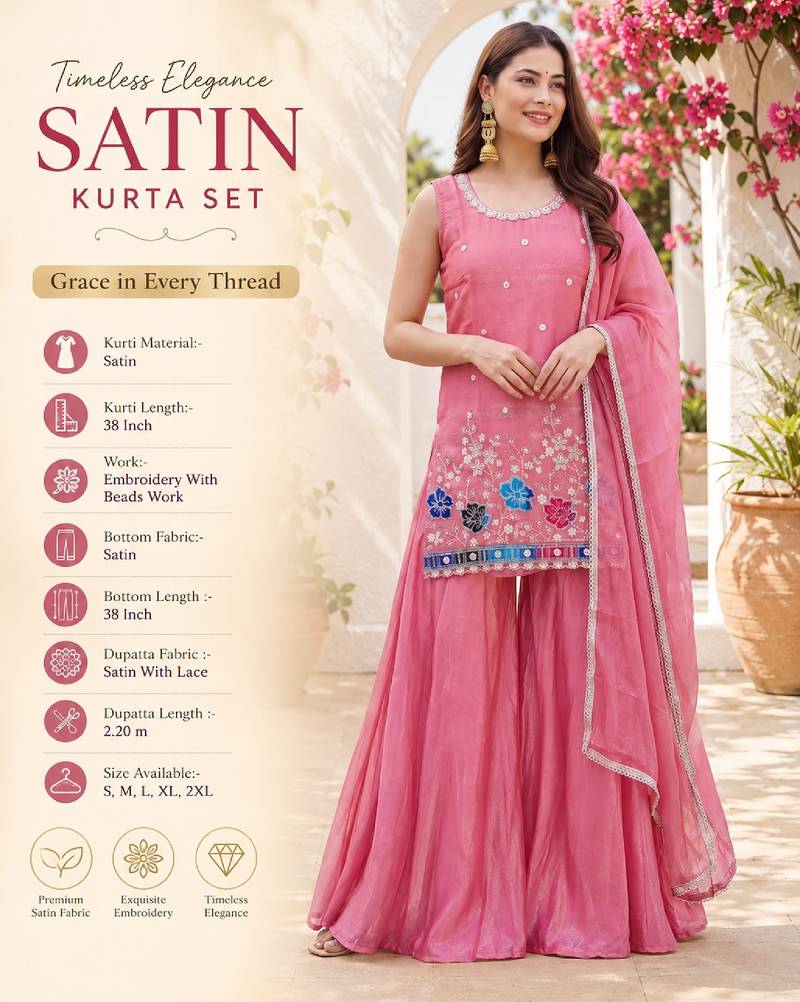 Light pink satin embroidered straight kurti set for women with sharara and dupatta