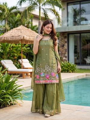 Olive satin embroidered straight kurti set for women with sharara and dupatta 5