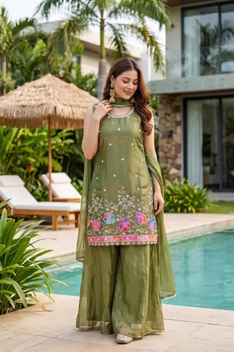Olive satin embroidered straight kurti set for women with sharara and dupatta