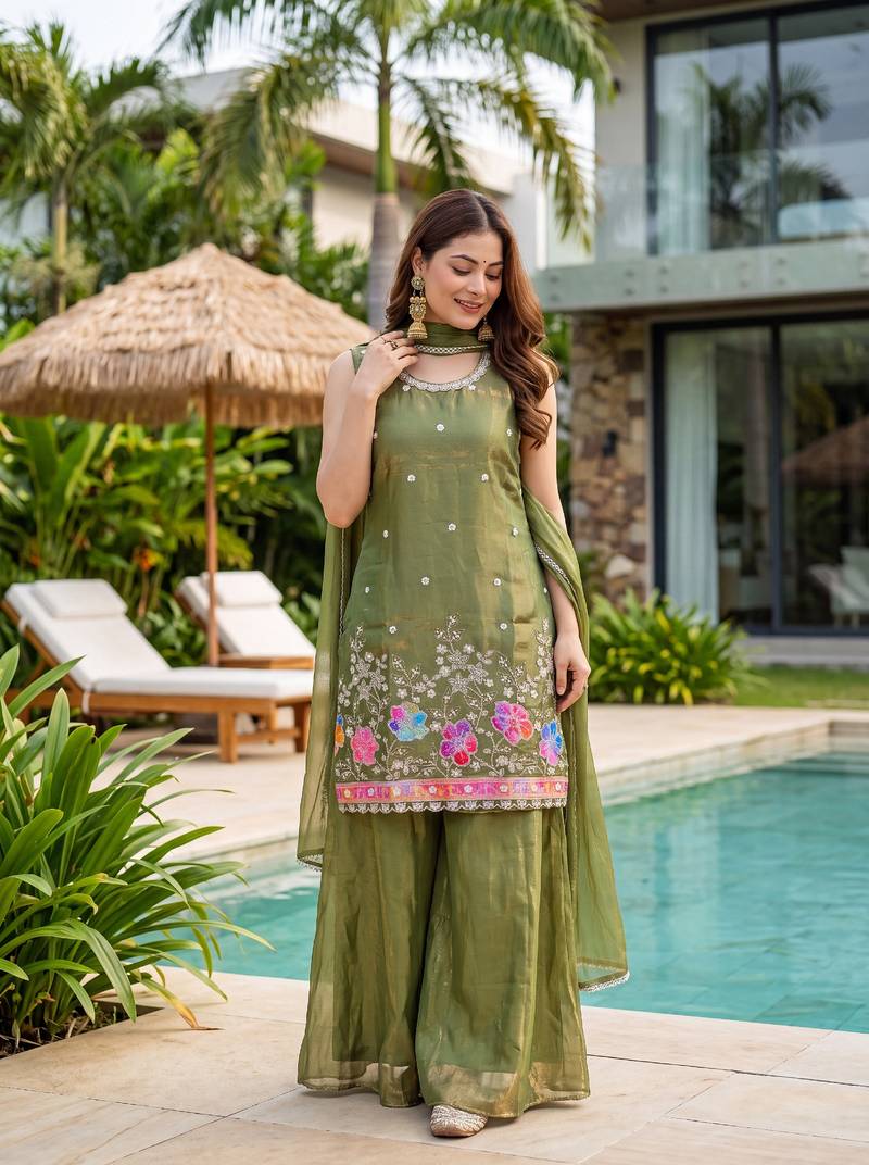 Olive satin embroidered straight kurti set for women with sharara and dupatta
