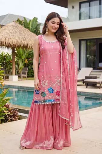 Light pink satin embroidered straight kurti set for women with sharara and dupatta