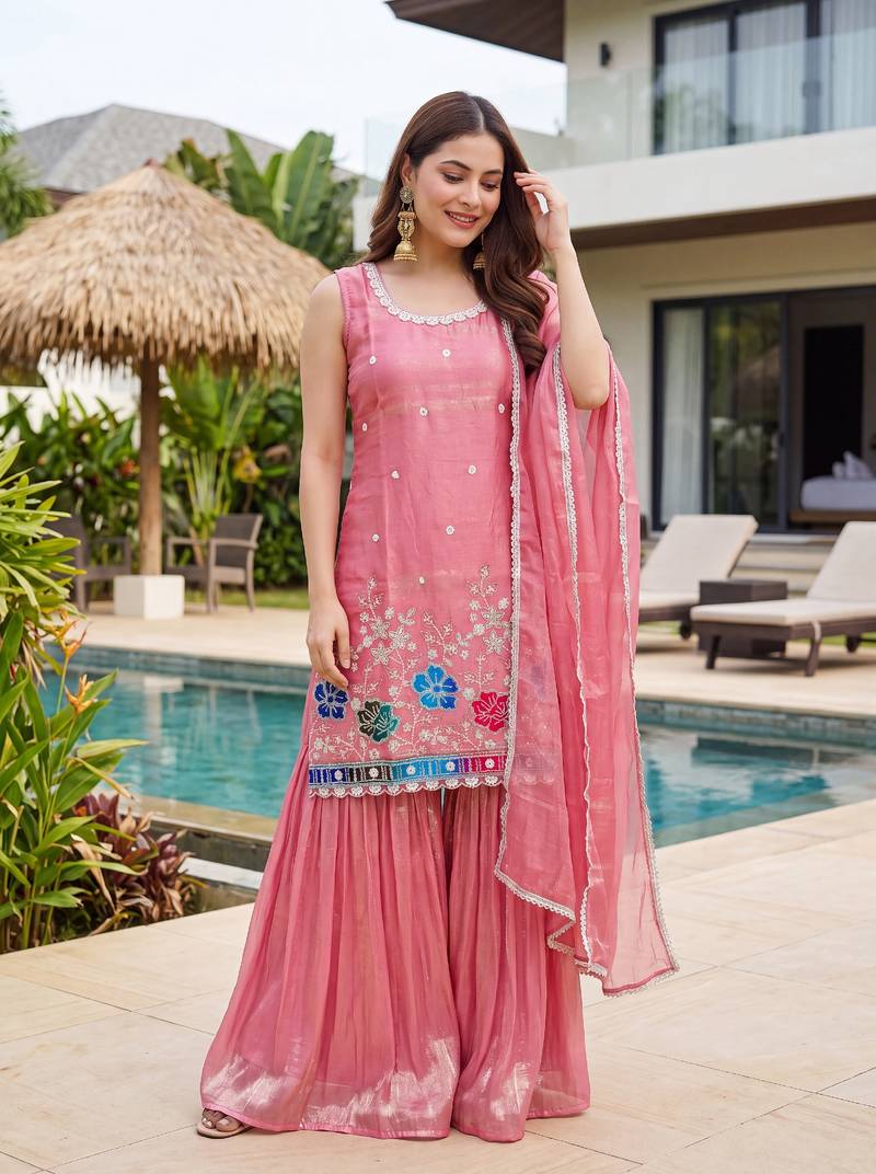 Light pink satin embroidered straight kurti set for women with sharara and dupatta