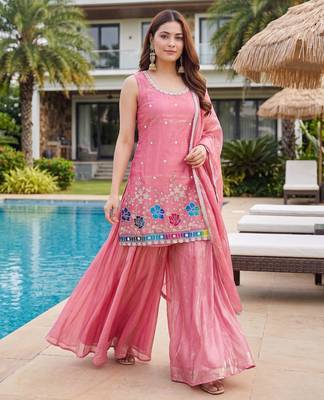 Light pink satin embroidered straight kurti set for women with sharara and dupatta 4