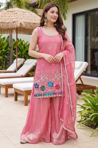 Light pink satin embroidered straight kurti set for women with sharara and dupatta