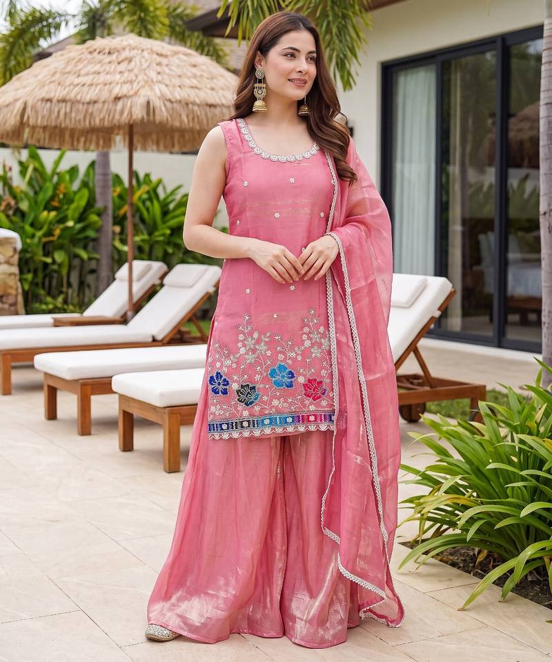 Light pink satin embroidered straight kurti set for women with sharara and dupatta