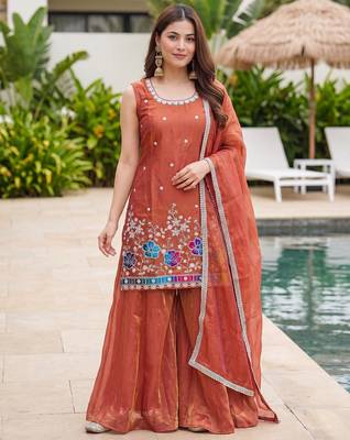 Orange satin embroidered straight kurti set for women with sharara and dupatta 1