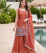 Orange satin embroidered straight kurti set for women with sharara and dupatta