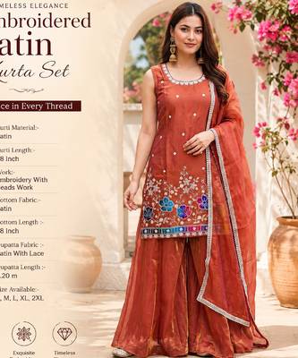 Orange satin embroidered straight kurti set for women with sharara and dupatta 2