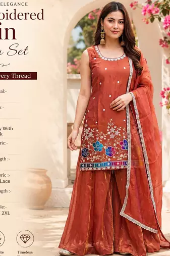 Orange satin embroidered straight kurti set for women with sharara and dupatta