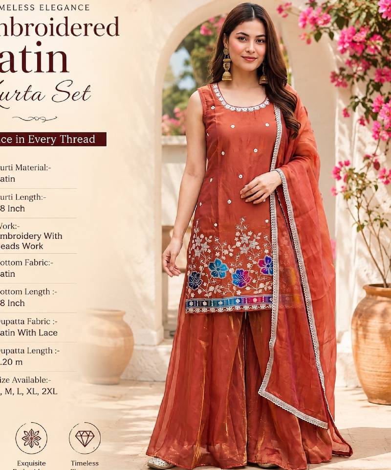 Orange satin embroidered straight kurti set for women with sharara and dupatta