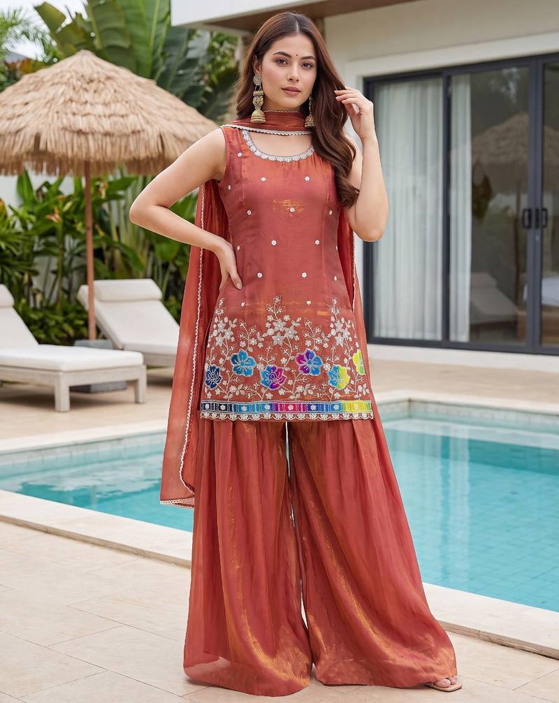 Orange satin embroidered straight kurti set for women with sharara and dupatta