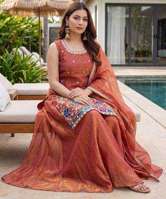 Orange satin embroidered straight kurti set for women with sharara and dupatta 4