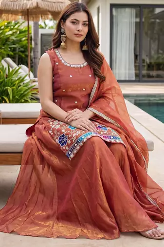 Orange satin embroidered straight kurti set for women with sharara and dupatta