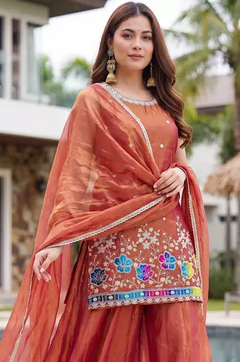 Orange satin embroidered straight kurti set for women with sharara and dupatta