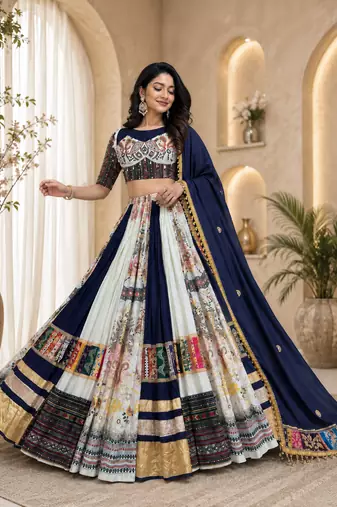 White Mirror Work With Lampi Lace s Cotton Navratri Lahenga Choli Set