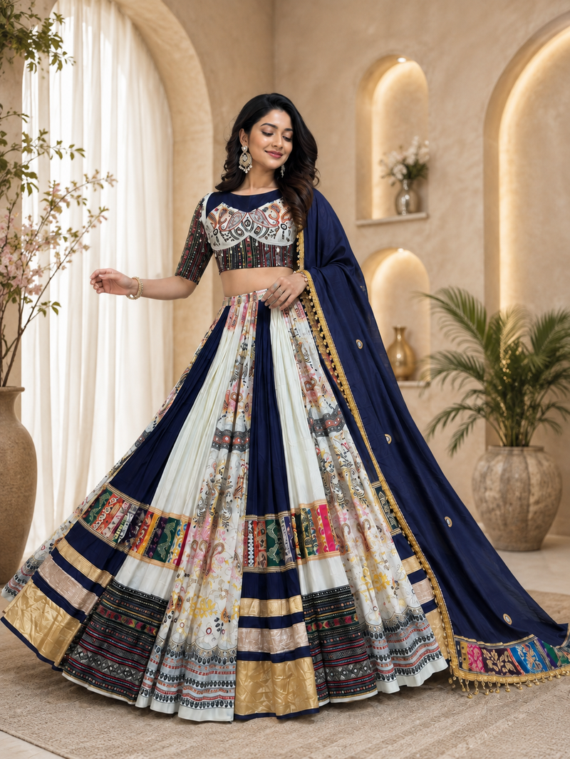White Mirror Work With Lampi Lace s Cotton Navratri Lahenga Choli Set
