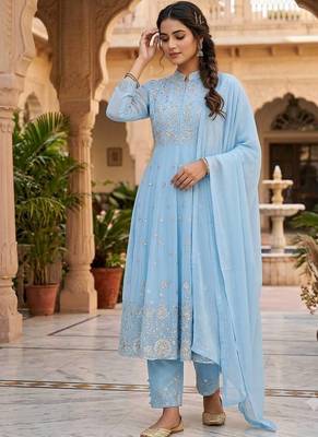 sky blue color embroidery and sequences work georgette salwar suit  1