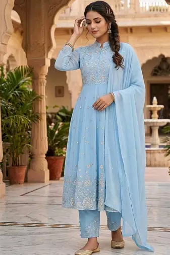 sky blue color embroidery and sequences work georgette salwar suit 