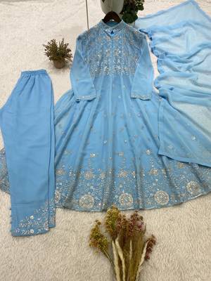 sky blue color embroidery and sequences work georgette salwar suit  2