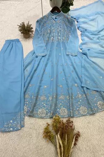 sky blue color embroidery and sequences work georgette salwar suit 
