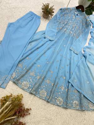 sky blue color embroidery and sequences work georgette salwar suit  3