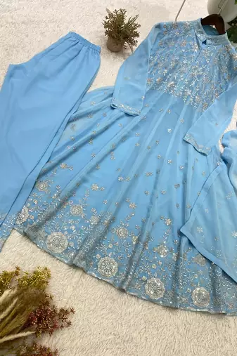 sky blue color embroidery and sequences work georgette salwar suit 