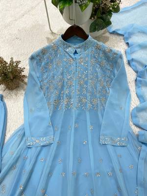 sky blue color embroidery and sequences work georgette salwar suit  4