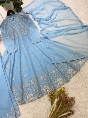 sky blue color embroidery and sequences work georgette salwar suit  5