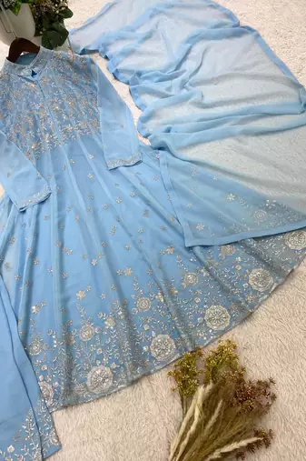 sky blue color embroidery and sequences work georgette salwar suit 