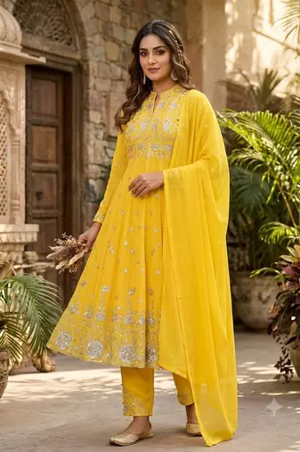 yellow color embroidery and sequences work georgette salwar suit 