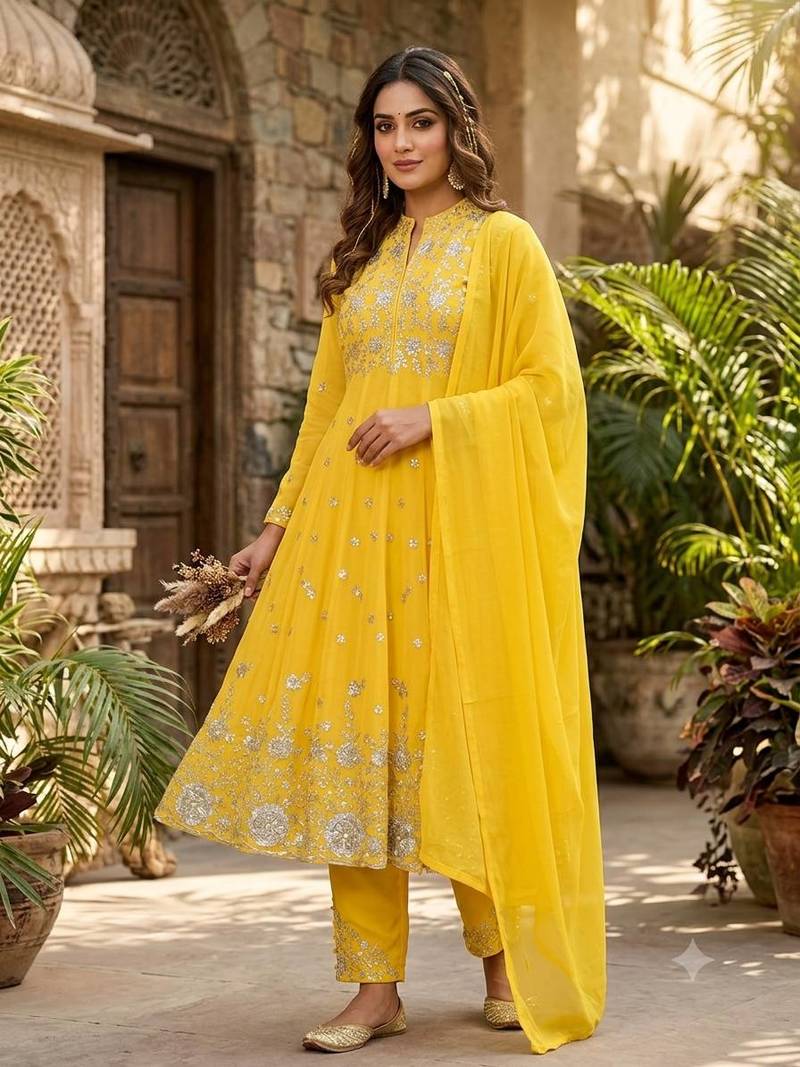 yellow color embroidery and sequences work georgette salwar suit 