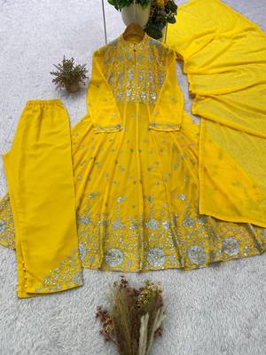 yellow color embroidery and sequences work georgette salwar suit  2