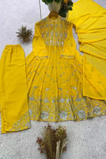 yellow color embroidery and sequences work georgette salwar suit 