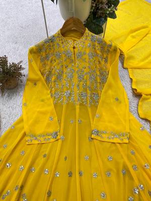yellow color embroidery and sequences work georgette salwar suit  3