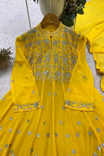 yellow color embroidery and sequences work georgette salwar suit 