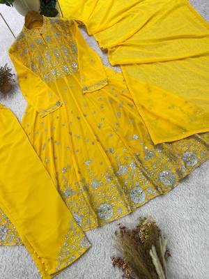 yellow color embroidery and sequences work georgette salwar suit  4