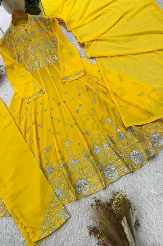 yellow color embroidery and sequences work georgette salwar suit 