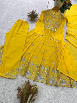 yellow color embroidery and sequences work georgette salwar suit  5