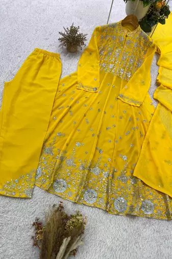 yellow color embroidery and sequences work georgette salwar suit 