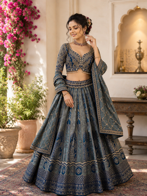 teal color Dori Embroidery Zari work Beads Zhumka work silk blend Lehenga choli set 1