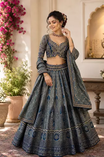 teal color Dori Embroidery Zari work Beads Zhumka work silk blend Lehenga choli set