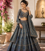 teal color Dori Embroidery Zari work Beads Zhumka work silk blend Lehenga choli set