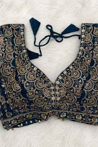 teal color Dori Embroidery Zari work Beads Zhumka work silk blend Lehenga choli set