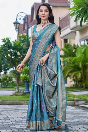 teal blue silk blend jacquard woven saree with zari border and unstitch blouse piece