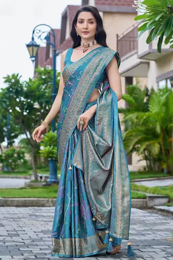 teal blue silk blend jacquard woven saree with zari border and unstitch blouse piece