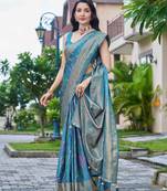 teal blue silk blend jacquard woven saree with zari border and unstitch blouse piece