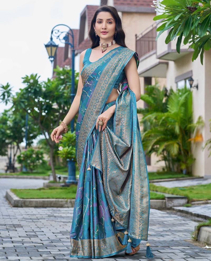 teal blue silk blend jacquard woven saree with zari border and unstitch blouse piece