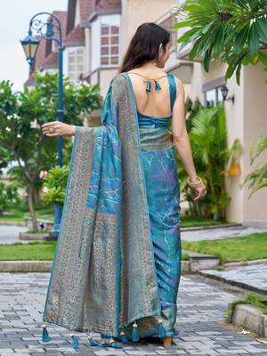teal blue silk blend jacquard woven saree with zari border and unstitch blouse piece 2