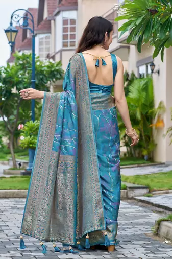 teal blue silk blend jacquard woven saree with zari border and unstitch blouse piece